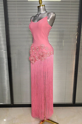 Strapless Floral Appliqué Fringe Long Dress with Bodycon Silhouette
