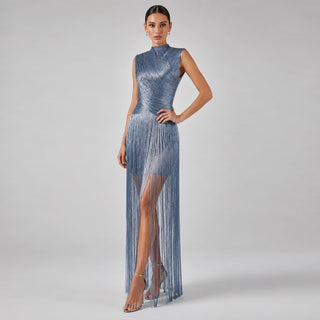 Metallic Fringe High Neck Sleeveless Long Dress