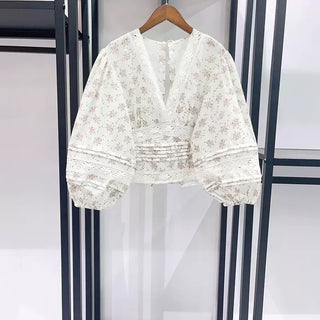 Floral Lace Trim Balloon Sleeve Blouse