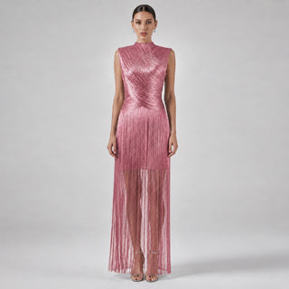 Metallic Fringe High Neck Sleeveless Long Dress