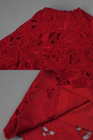 Red Lace Mini Dress – Long Sleeve Floral Embroidery, Scalloped Hem, Belted Waist