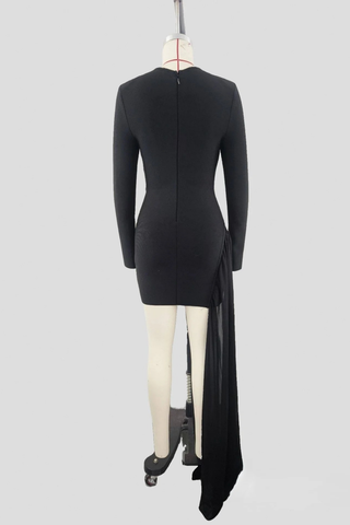 Embellished Long Sleeve Bandage Dress with Asymmetric Sheer Drape