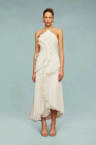 Halter Neck Pleated Ruffle Long Dress
