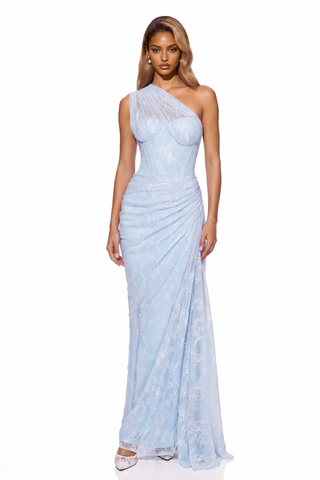 One-Shoulder Lace Long Dress with Sculpted Corset Fit