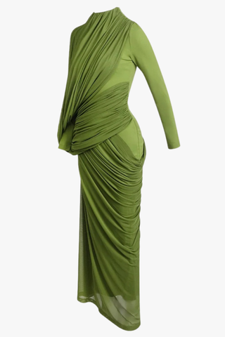 Elegant Long Mesh Dress with Long Sleeves & Sculpted Draped Design