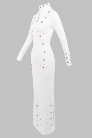 High Neck Long Sleeve Long Dress with Metal Stud Embellishments