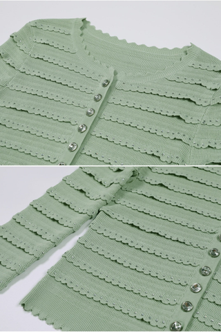 Three-Piece Knitted Set with Rhinestone Trim – Cardigan, Cami Top & Midi Long Skirt