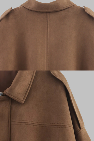 Oversized Faux Suede Jacket with Shoulder Flap Detail and Elastic Hem