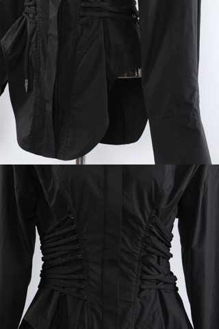 Long Sleeve Corset Waist Button-Up Shirt Dress with Adjustable Lace-Up Design