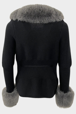 Long Sleeve Knitted Jacket with Faux Fur Trim – Tie-Front Design