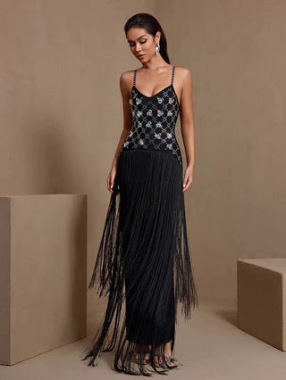 Embellished Fringe Strap Long Dress