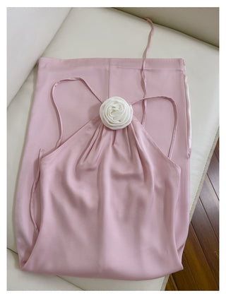 Halter Neck Satin Midi Dress with Floral Detail