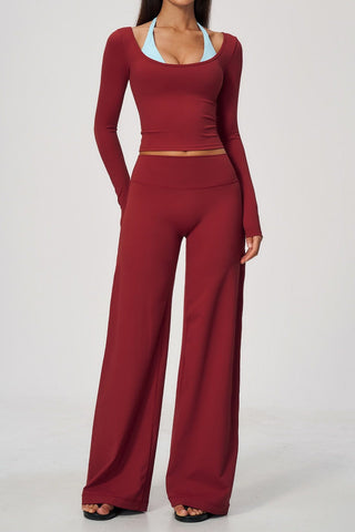 Scoop Neck Long Sleeve Top & Wide-Leg Pants Set