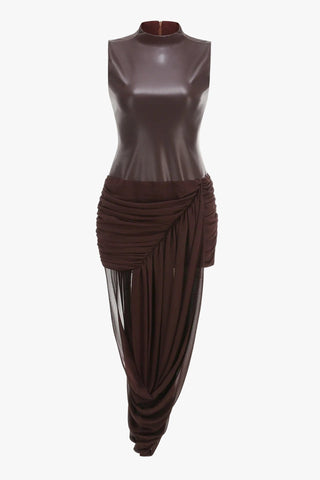High Neck Faux Leather Mini Dress with Draped Asymmetric Skirt