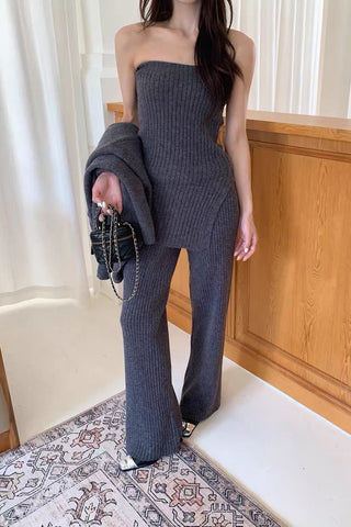Comfy Ribbed Knit Three-Piece Cardigan, Top & Wide-Leg Pants Set