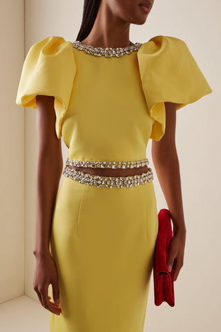 Puff Sleeve Cropped Top & High-Waist Long Skirt Set with Jeweled Details