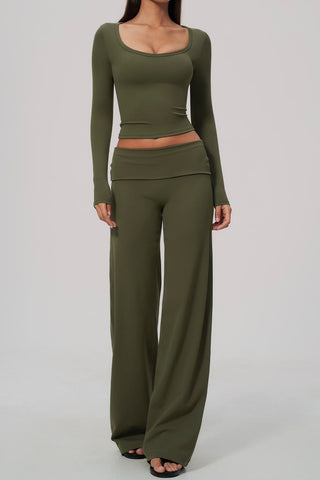 Scoop Neck Long Sleeve Top & Foldover Wide-Leg Pants Set