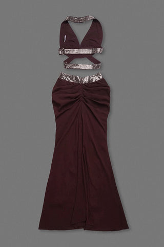 Crystal Embellished Halter Cutout Crop Top & Draped High-Waist Long Skirt Set