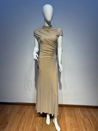 Crystal Draped Cape Neck Short Sleeve Long Dress