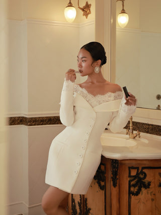 Lace Trim Off-Shoulder Tailored Blazer Mini Dress with Long Sleeves & Button Front