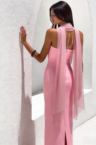 Strapless Ruched Slim Fit Long Dress with Mesh Scarf and Back Slit