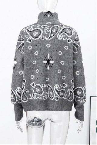 Fur Collar Zip-Up Knit Top – Long Sleeve Paisley Design