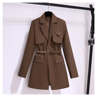 Structured Pocket Detail Blazer with Chain Belt – Long Sleeve Tailored Jacket