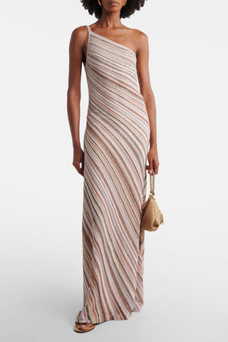 Metallic Striped One-Shoulder Knit Long Dress