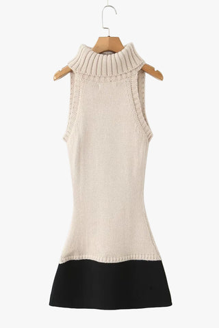 Knit Sleeveless Turtleneck Mini Dress with Contrast Hem