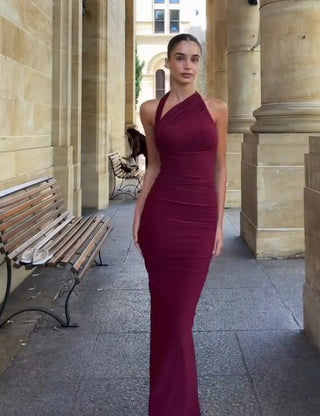 Halter Neck Ruched Open-Back Long Dress