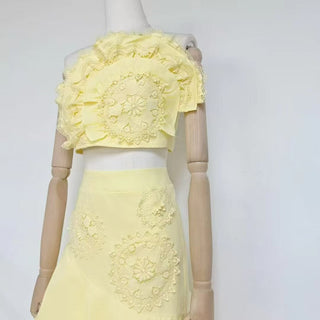Strapless Lace Appliqué Crop Top & Tiered Asymmetric Long Skirt Set