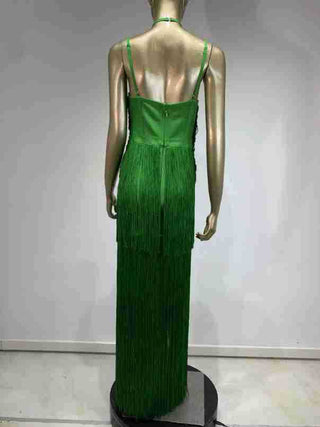 Fringe Halter Neck Bandage Long Evening Dress