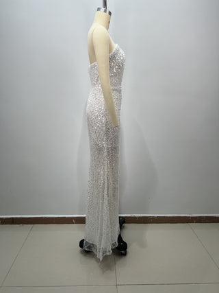 Pearl & Sequin Embellished Strapless Corset Long Dress