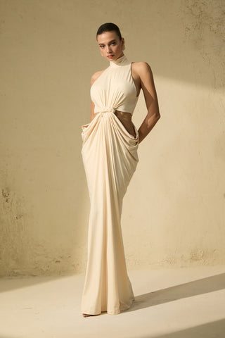 Luxe Halter Neck Cut-Out Long Dress with Draped Knot Detail