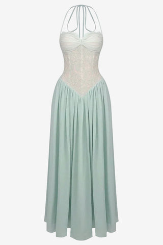 Lace Corset Halter Long Dress – Pleated Chiffon Evening Dress