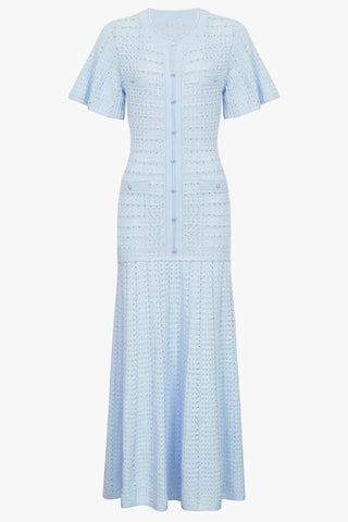 Crystal Embellished Textured Knit Short Sleeve Long Dress
