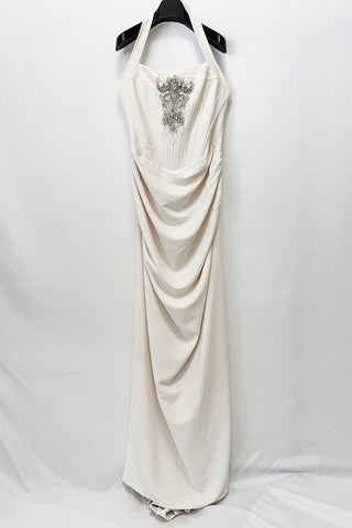 Crystal Embellished Corset Halter Neck Draped Crepe Long Dress
