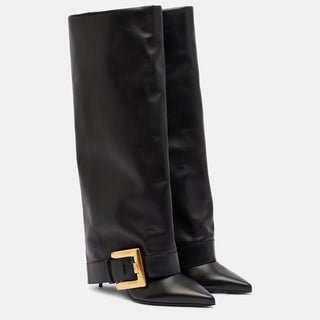 Knee-High Pointed Toe Boots with Buckle Strap Detail