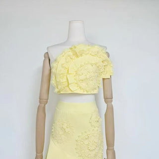 Strapless Lace Appliqué Crop Top & Tiered Asymmetric Long Skirt Set