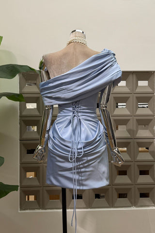 Satin Draped Off-Shoulder Sleeveless Mini Dress with Lace-Up Back