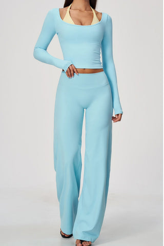 Scoop Neck Long Sleeve Top & Wide-Leg Pants Set