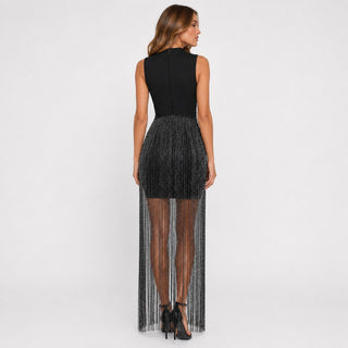 Metallic Fringe High Neck Sleeveless Long Dress