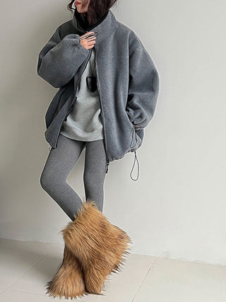 Oversized Zip-Up Fleece Jacket with High Neck & Adjustable Hem