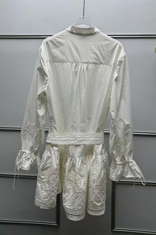 Embroidered Tie-Waist Ruffle Long Sleeve Mini Dress
