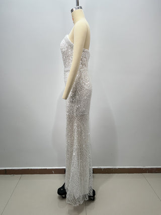 Pearl & Sequin Embellished Strapless Corset Long Dress