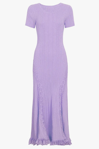 Ribbed Knit Round Neck Short Sleeve Long Dress with Lace Panels & Ruffle Hem