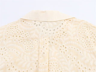 Floral Eyelet Cotton Two-Piece Set – Long Sleeve Shirt & High-Waist Shorts | Breathable Embroidered Lace