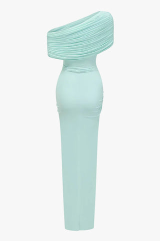 One-Shoulder Long Dress – Gathered Front, Fitted Waist & Floor-Length Design