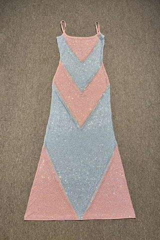 Rhinestone Embellished Colorblock Long Dress with Thin Straps