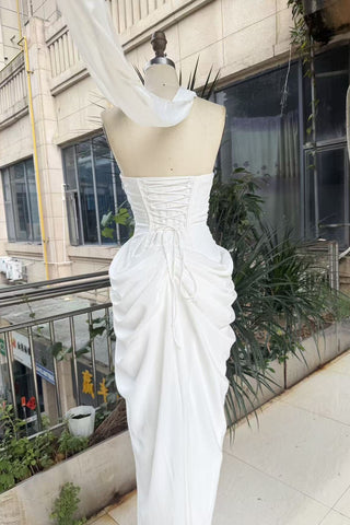 Strapless Ruched Long Dress with Lace-Up Back & High Slit